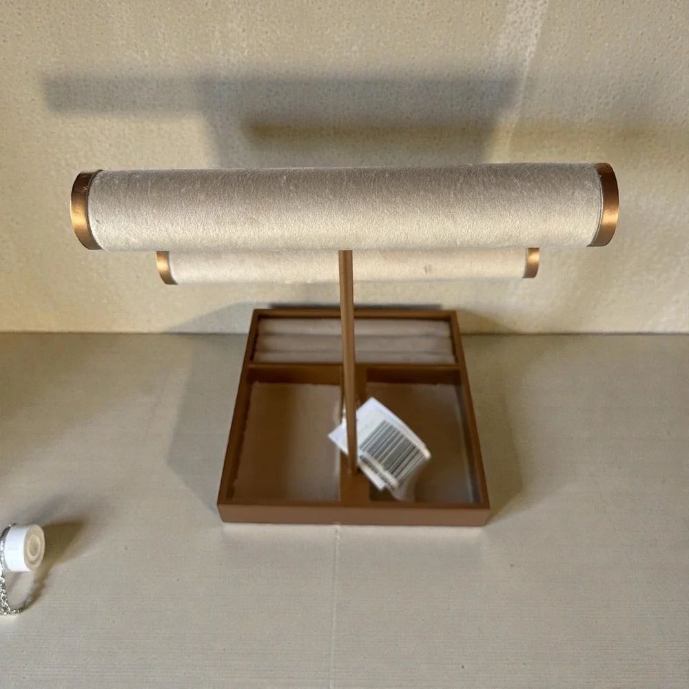 Tan Gold Suede 2 Tier Double T Bar Jewelry Display 10